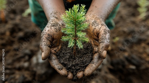 Hands holding a small evergreen tree seedling with soil in a forest setting