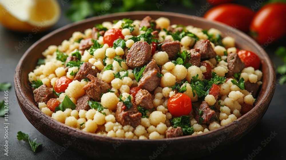 Delicious plate of grilled steak served over couscous with roasted vegetables in a cozy setting Delicious plate of grilled steak served over couscous with roasted vegetables in a cozy setting