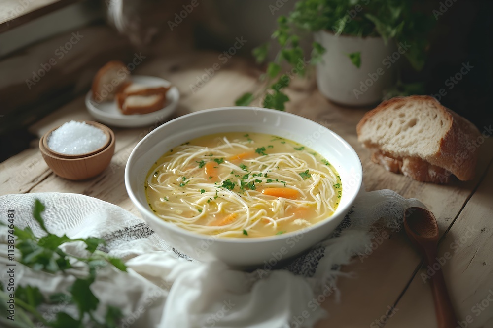 rosół, zupa, polska kuchnia, bulion, kurczak, tradycyjna, apetyczne, złocisty kolor, makaron jajeczny, marchew, natka pietruszki, minimalistyczne tło, rustykalny styl, naturalne światło, ciepłe tonacj