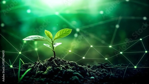 Young Plant Growing in a Futuristic Digital Ecosystem