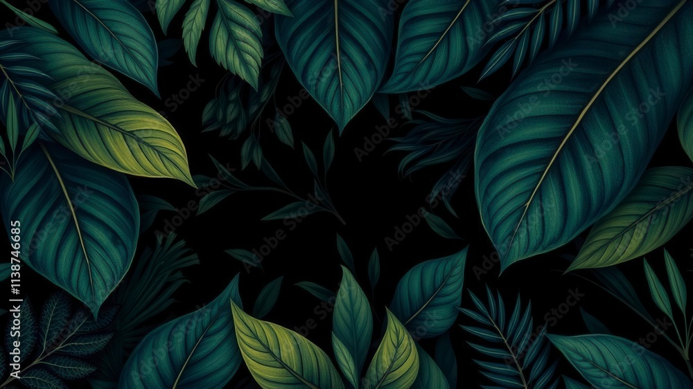 custom made wallpaper toronto digitalDark and mysterious pattern featuring exotic leaves on a black background, texture, exotic leaves, trendy