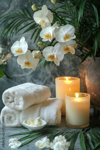 Relaxing spa setup with candles and orchids for rejuvenation and tranquility