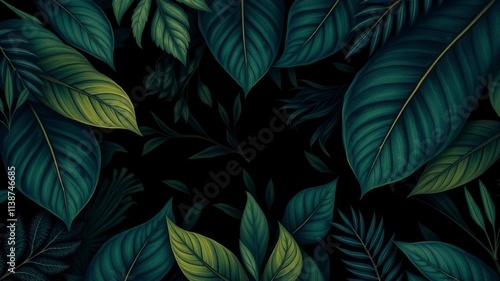 Wallpaper Mural Dark and mysterious pattern featuring exotic leaves on a black background, texture, exotic leaves, trendy Torontodigital.ca