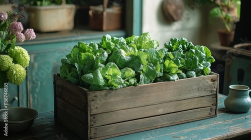 Freshly harvested leafy greens in a rustic wooden crate on a vintage table