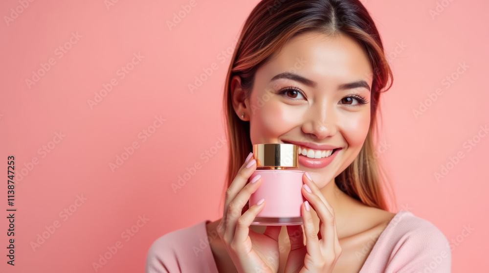 Smiling Woman Enjoys a Fragrance With a Pink Perfume Bottle in a Dreamy Setting Smiling Woman Enjoys a Fragrance With a Pink Perfume Bottle in a Dreamy Setting
