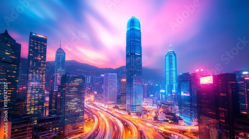 Wallpaper Mural Vibrant Evening Skyline of a Major City with Illuminated Skyscrapers and Roads Torontodigital.ca