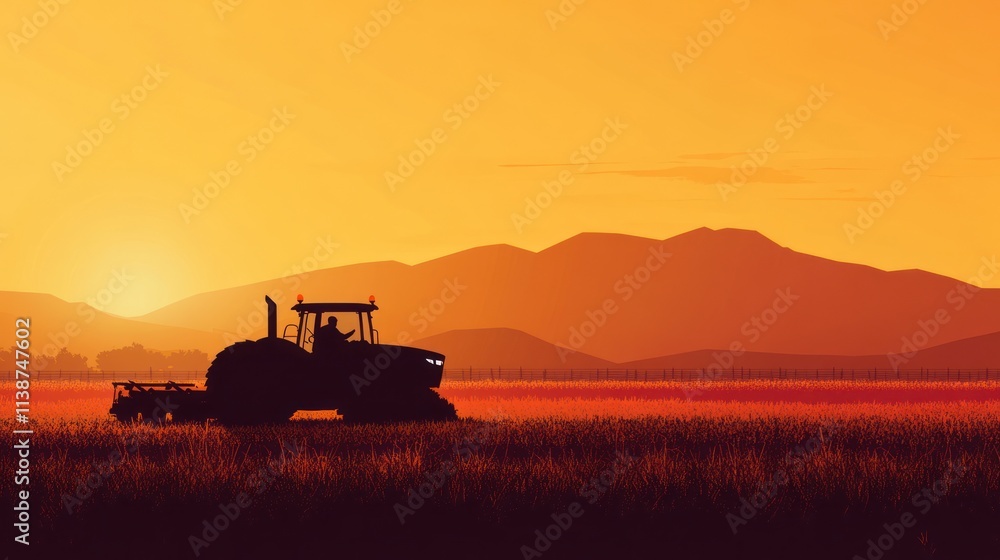 Naklejka premium Silhouette of tractor working field at sunset.