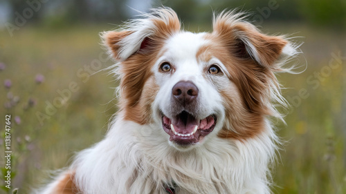 Happy White and Brown Dog in Field photo