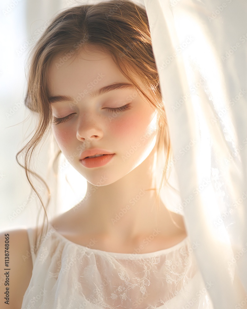 Serene Portrait of Young Woman in Soft Light Reflecting Peaceful Mood Serene Portrait of Young Woman in Soft Light Reflecting Peaceful Mood