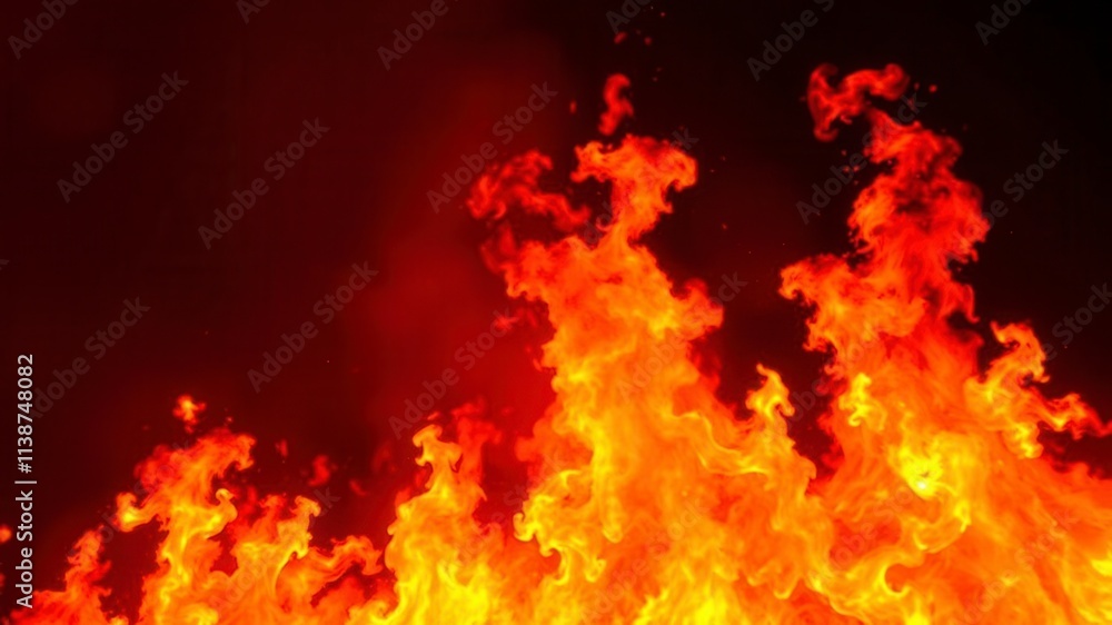 Fiery flames bursting from the darkness of a black background, burning, hot, inferno Fiery flames bursting from the darkness of a black background, burning, hot, inferno