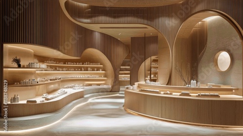 Modern spa interior design featuring organic shapes and natural materials in ...