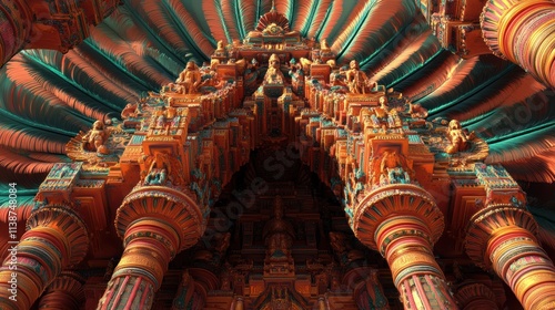 Ornate hindu temple with carved figures and colorful pillars.