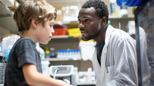 Bioengineer Mentoring Student in Lab Setting with Gene Sequencing Machine Interaction