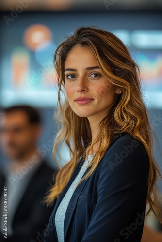 Young professional woman with glasses engaged in discussion at modern workpla...