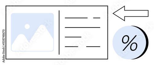Digital interface displaying an image, text lines, a percentage symbol, and an arrow pointing right. Ideal for business metrics, data analysis, financial reports, presentations, educational purposes