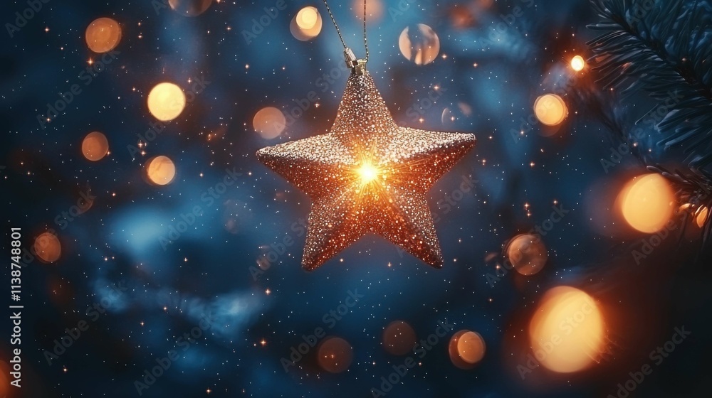 A beautiful golden glittering star ornament hanging against a blurred blue background with warm bokeh lights, evoking the spirit of Christmas. A beautiful golden glittering star ornament hanging against a blurred blue background with warm bokeh lights, evoking the spirit of Christmas.