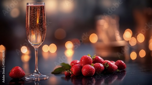 Sparkling drink with strawberries on reflective surface surrounded by warm bo...