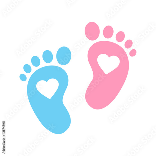 Baby boy and girl footprints with heart icon