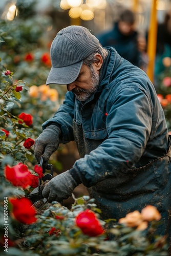 Skilled gardener tending to vibrant roses in greenhouse during early morning ...