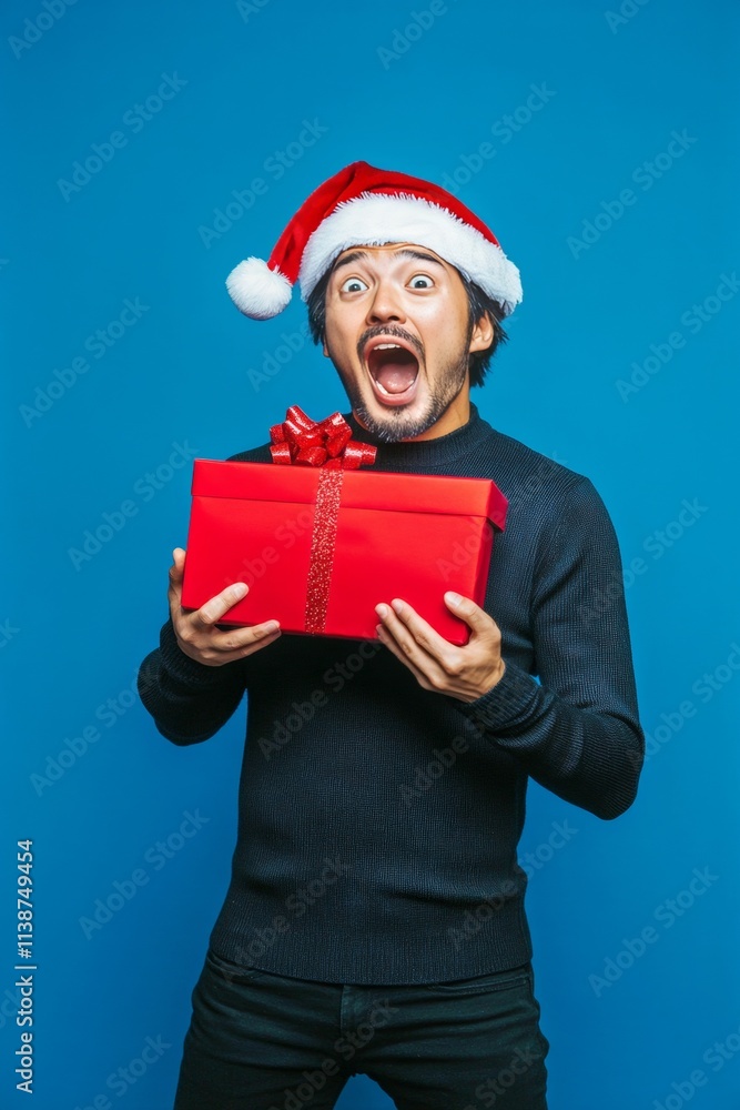 Copy space. Isolated white asian midlife man in red holiday hat with surprise box in hands, on blue background. Christmas studio setup. Studio christmas lights. Studio christmas card. Copy space. Isolated white asian midlife man in red holiday hat with surprise box in hands, on blue background. Christmas studio setup. Studio christmas lights. Studio christmas card.