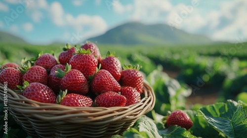 Freshly picked strawberries in a rustic basket surrounded by lush green fields