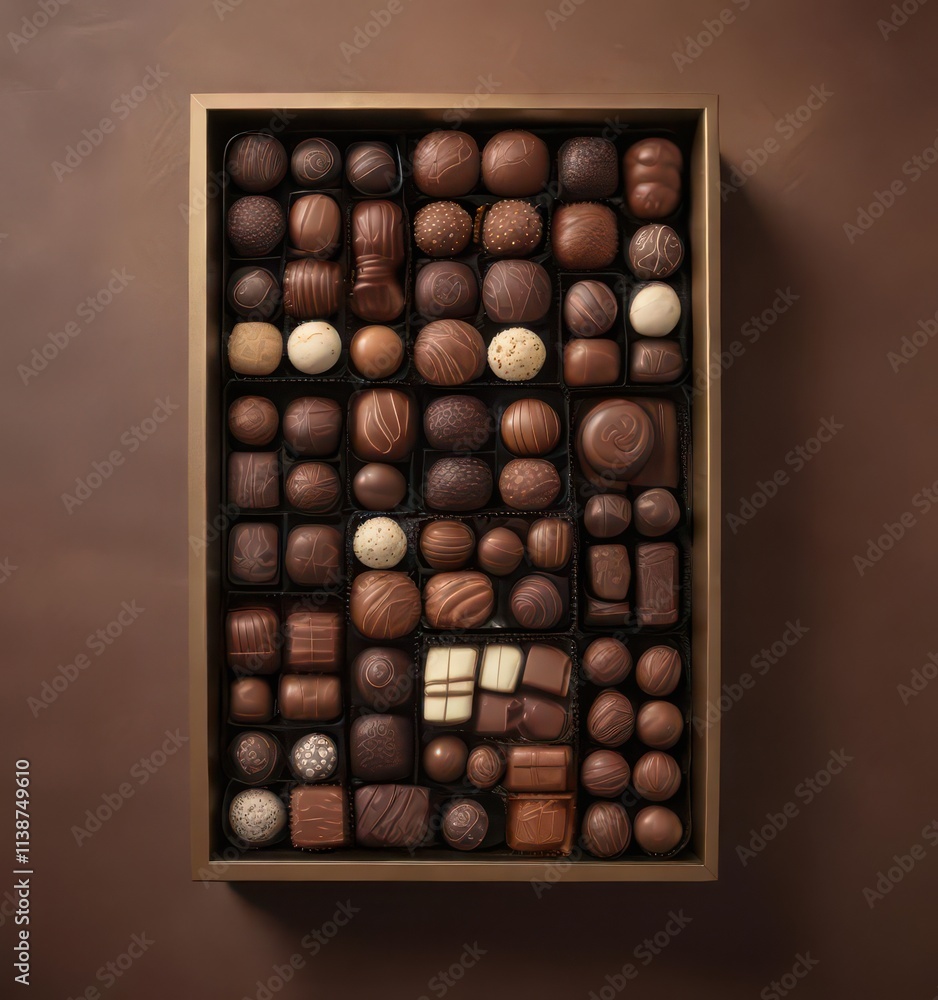 Assorted chocolates in elegant box, rich brown background, premium, gift box