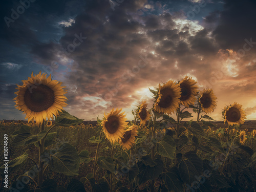 Sunset in a field of sunflowers