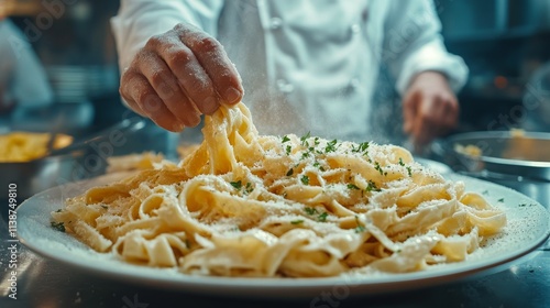 Delightful dinner setting with pasta and wine on a beautifully arranged table