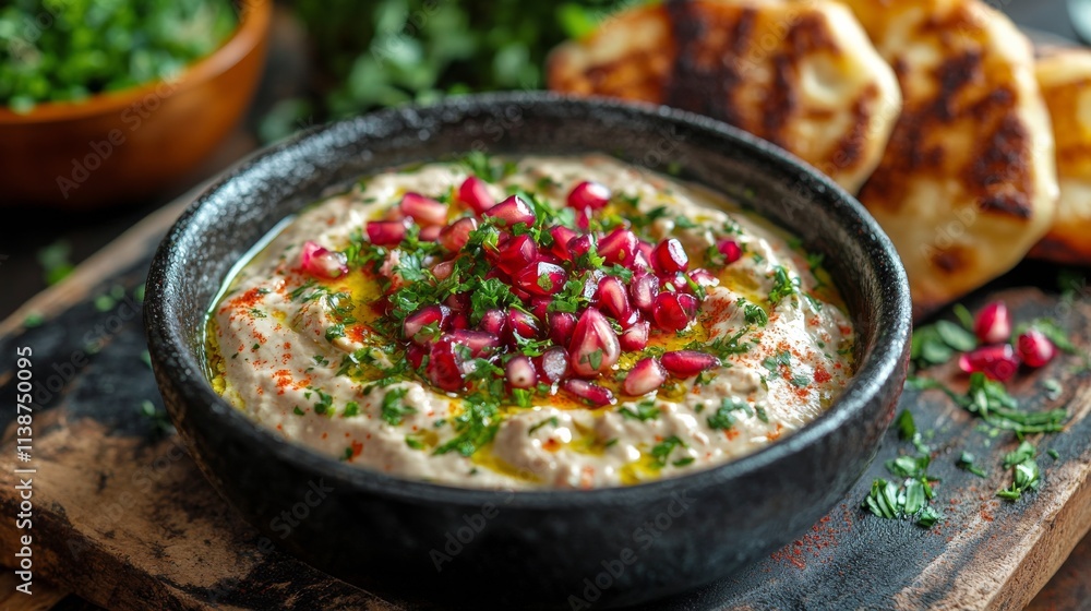 Delicious dish with grilled block of cheese, pomegranate seeds, and fresh herbs on a wooden table Delicious dish with grilled block of cheese, pomegranate seeds, and fresh herbs on a wooden table
