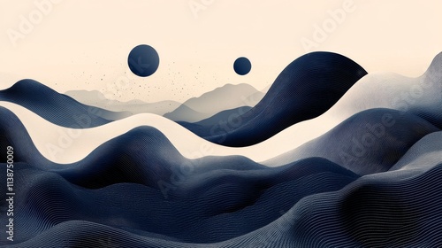 Abstract landscape with rolling waves and celestial bodies in a minimalistic ...