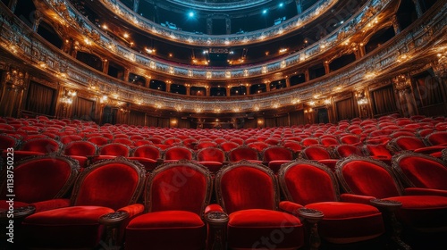Grand interior of a historic theater with elegant red seating and ornate arch...