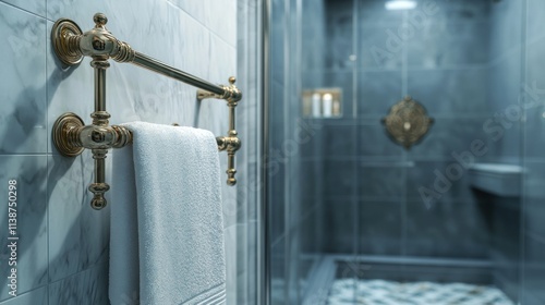 Luxury bathroom with gold towel rack and white towel. photo