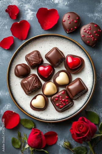 Delicious assortment of heart shaped chocolates on a decorative plate with ro...