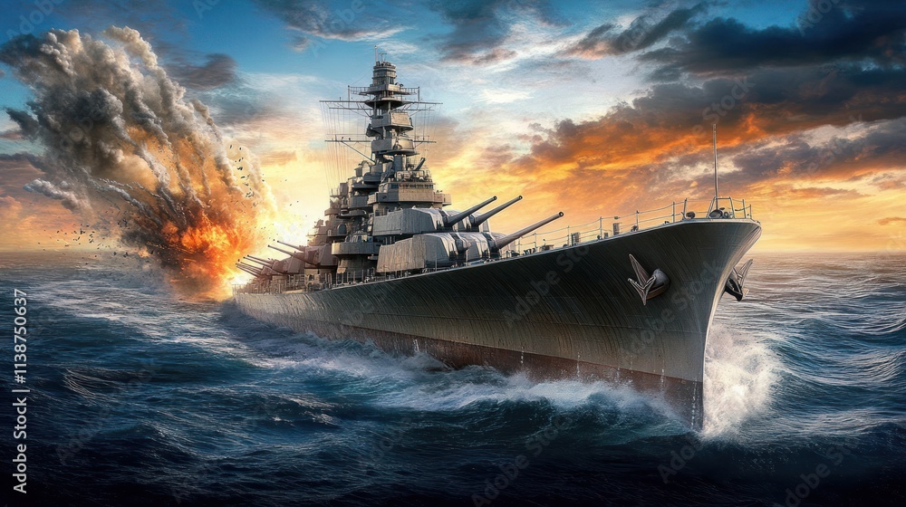 Fototapeta premium Battleship firing cannon amidst sunset sky.
