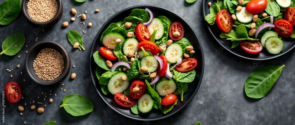 A vibrant and healthy salad made with fresh vegetables, garnished with green leaves and spices, placed elegantly in black bowls on a rustic dark table surface.
A vibrant and healthy salad made with fresh vegetables, garnished with green leaves and spices, placed elegantly in black bowls on a rustic dark table surface.