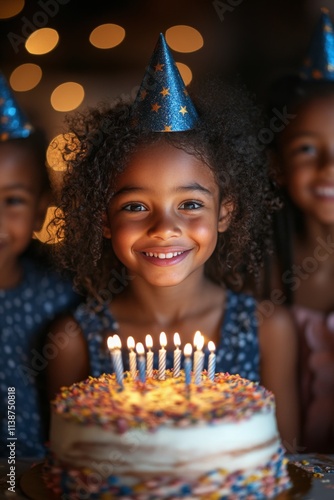 Joyful birthday celebration with a smiling child and a decorated cake in a fe...
