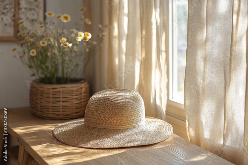 Warm afternoon light filtering through curtains illuminating hats on wooden t...