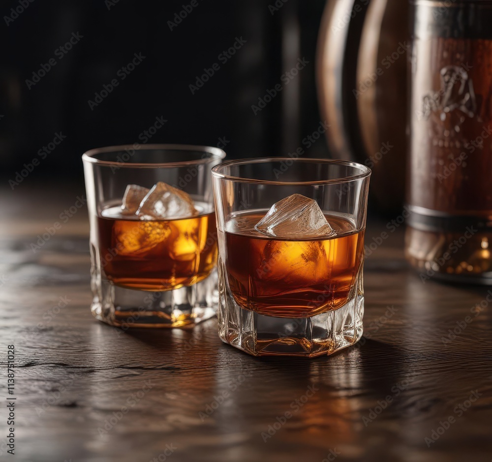 Amber whiskey in a rocks glass, sits alone on dark wood , bar, pub, scotch Amber whiskey in a rocks glass, sits alone on dark wood , bar, pub, scotch