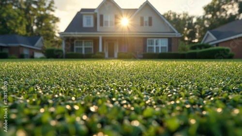 Sunlight glimmers on lush green lawn in front of contemporary suburban home d...