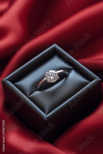Elegant diamond engagement ring displayed on red velvet cushion in romantic s...