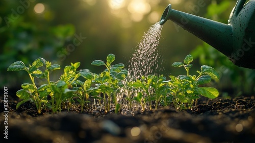 Gardening enthusiast watering plants in a home garden during sunny afternoon