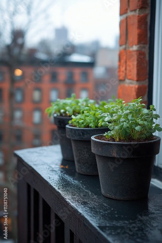 Colorful balcony garden with plants and city skyline in bright daylight