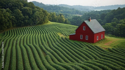 Red barn amidst lush green farmland in a serene rural landscape during early ...