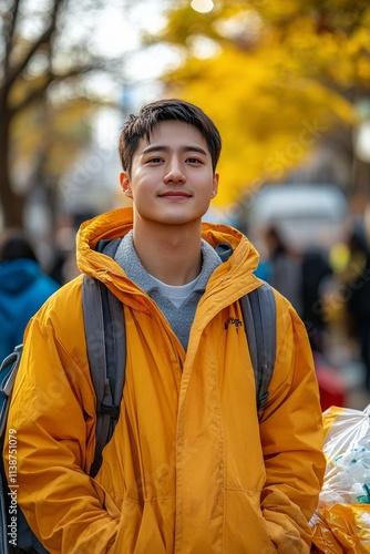 Young man in yellow jacket smiles warmly in an autumn park filled with colorf...