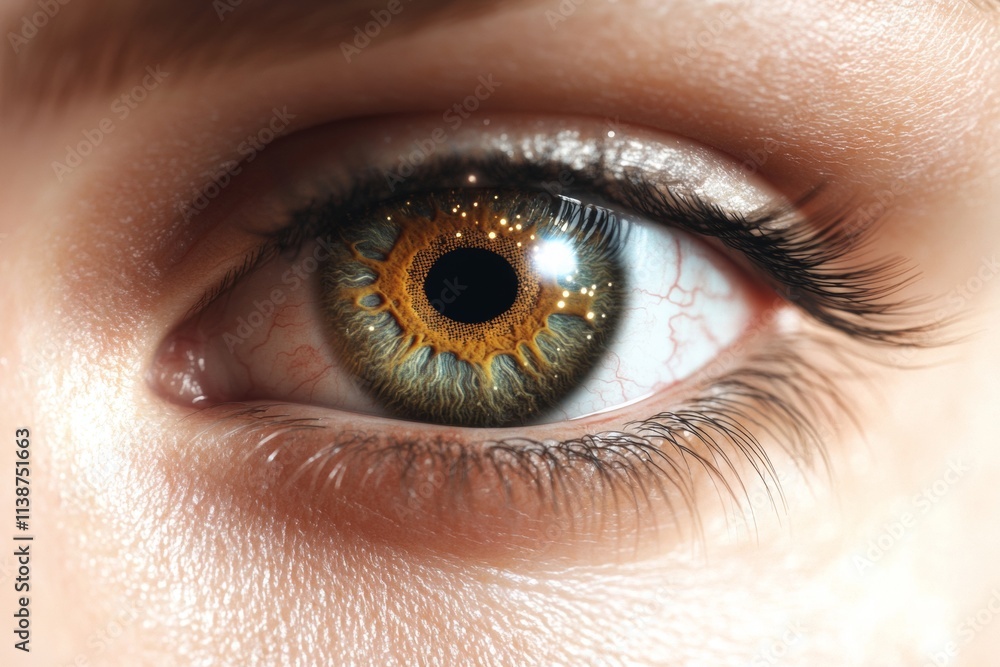 A detailed view of a striking eye featuring a rich blend of colors, intricate patterns, and a deep pupil surrounded by varying shades of brown and green A detailed view of a striking eye featuring a rich blend of colors, intricate patterns, and a deep pupil surrounded by varying shades of brown and green