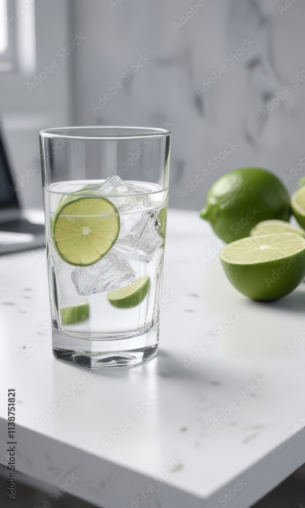 Crystal glass, chilled water, lime wedge, white desk, desk, still life, white background Crystal glass, chilled water, lime wedge, white desk, desk, still life, white background