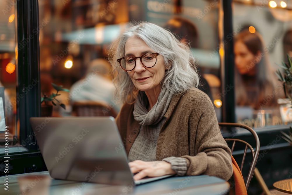 Old lady working at laptop communicating or doing networking business Old lady working at laptop communicating or doing networking business