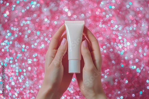 Luxurious pink glitter lotion held by hands against sparkling background