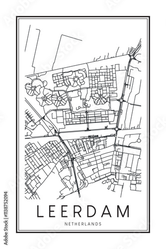 Printable downtown road map poster of the Dutch city of LEERDAM on solid white background with city name photo