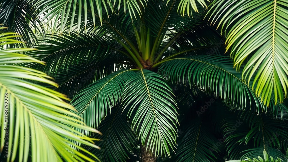Fototapeta premium Lush green tropical palm leaves of various shapes and sizes with vibrant colors, perfect for adding a touch of nature to any design, jungle, greenery